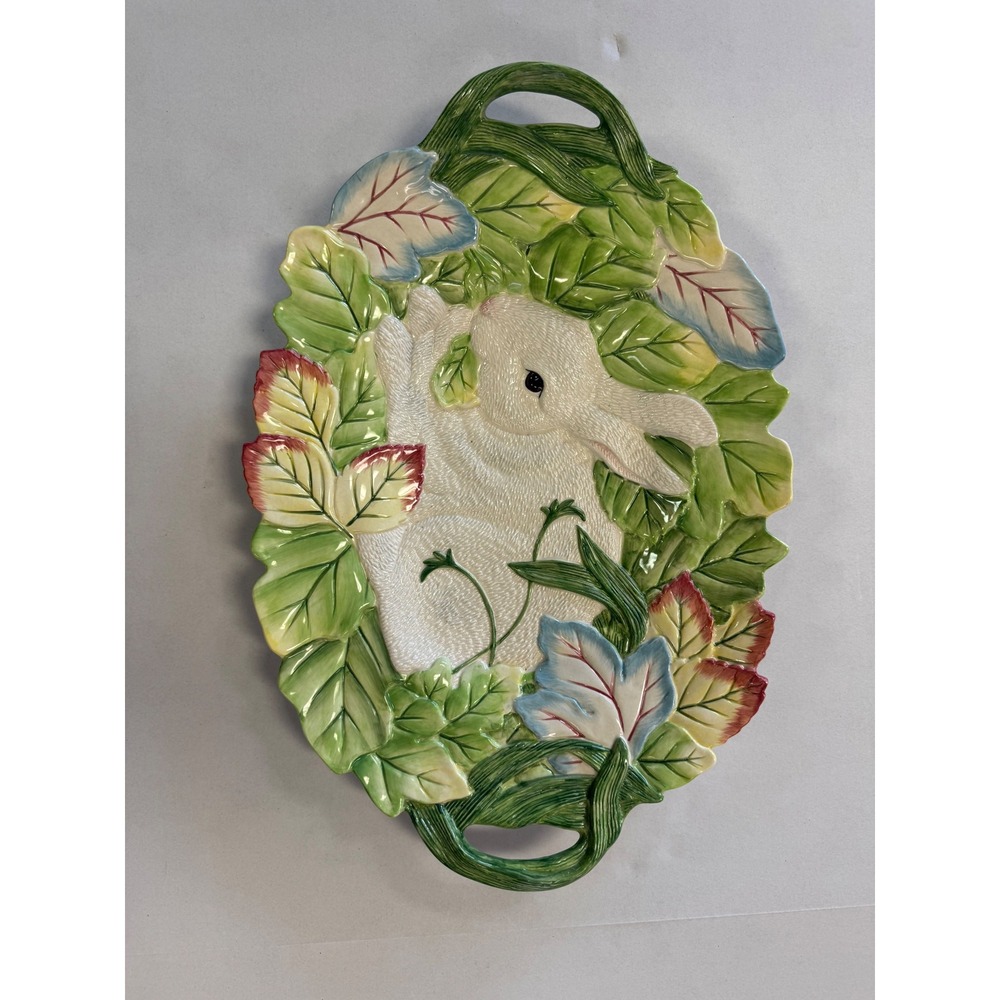 Fitz and Floyd Classics Bunny Rabbit Leaf Serving Platter Oval Ceramic Tray